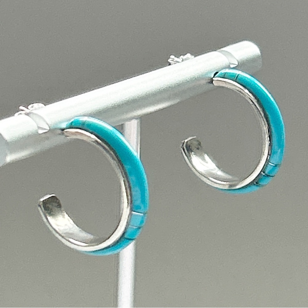Southwestern Turquoise Inlay Sterling Silver C Hoop Earrings